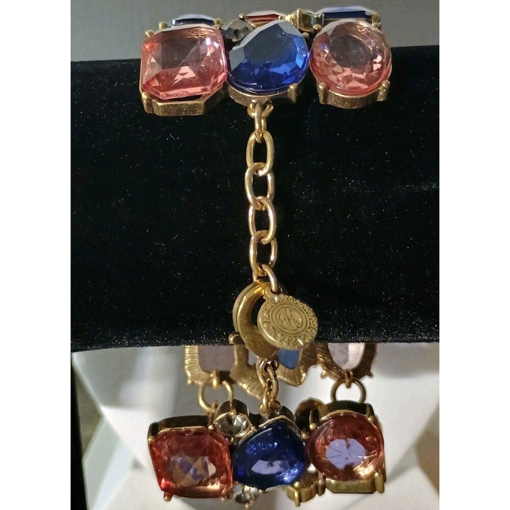 Graziano Blue Pink Clear Rhinestone Gold Tone Vintage Adjustable Bracelet - Picture 3 of 8